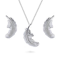 Feather CZ Necklace and Earrings in Sterling Silver, Rhodium Plated