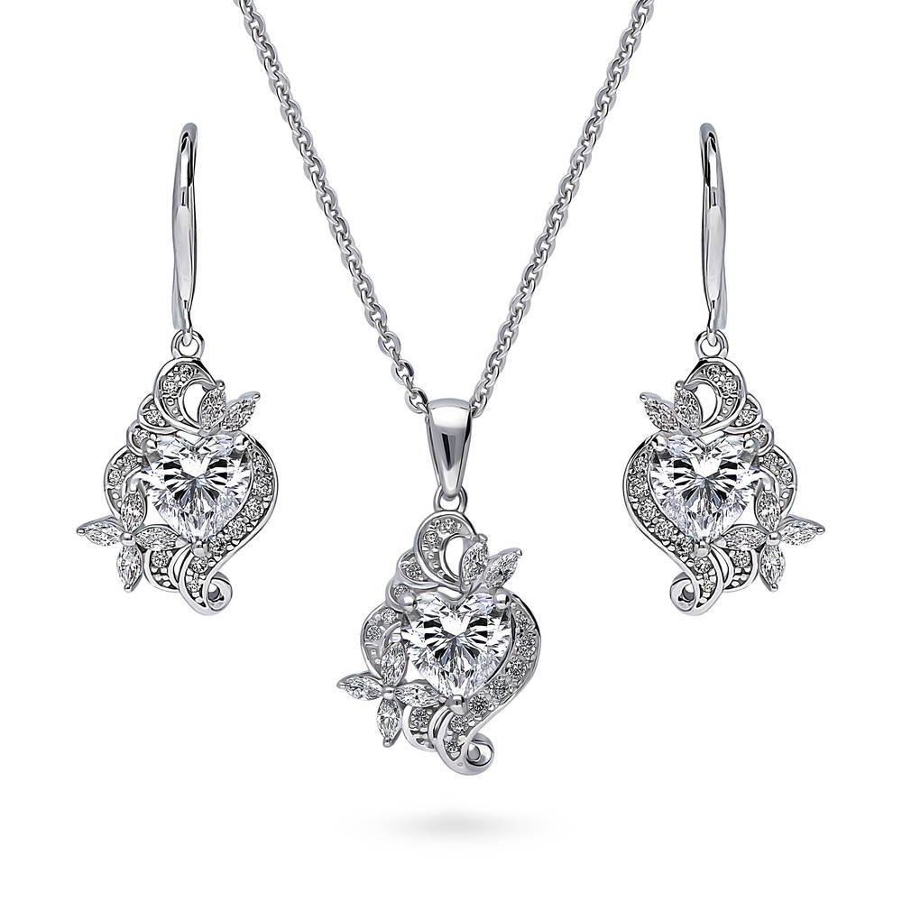 Heart Flower CZ Necklace and Earrings in Sterling Silver