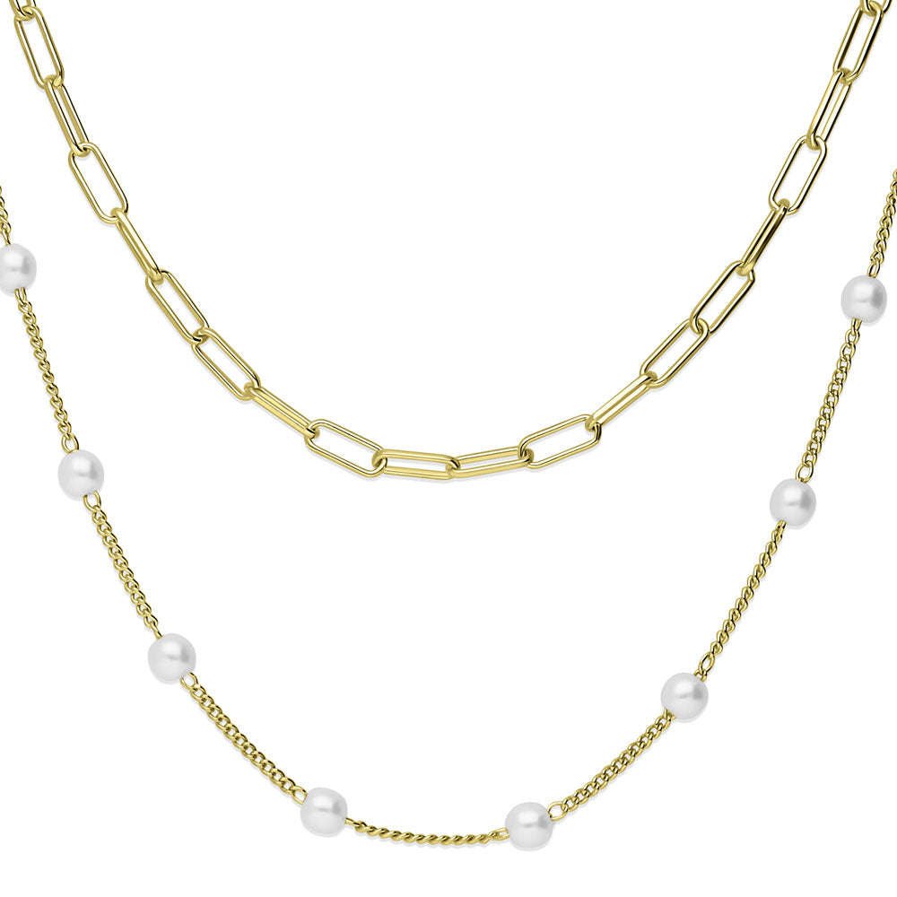 Front view of Paperclip Imitation Pearl Link Chain Necklace, 2 Piece, Yellow Gold Flashed