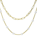 Front view of Paperclip Imitation Pearl Link Chain Necklace, 2 Piece, Yellow Gold Flashed