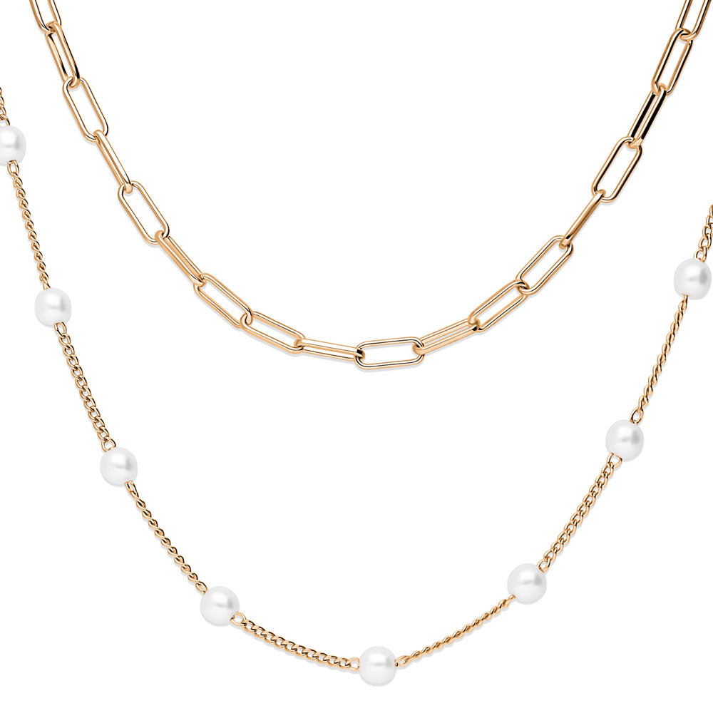 Front view of Paperclip Imitation Pearl Link Chain Necklace, 2 Piece, 5 of 18