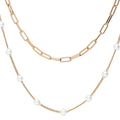 Front view of Paperclip Imitation Pearl Link Chain Necklace, 2 Piece, Rose Gold Flashed