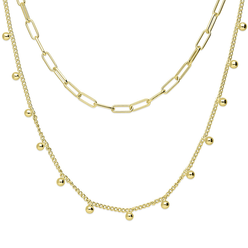 Front view of Bead Paperclip Link Chain Necklace, 2 Piece, Yellow Gold Flashed