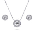 Flower Halo CZ Necklace and Earrings in Sterling Silver, Clear Color