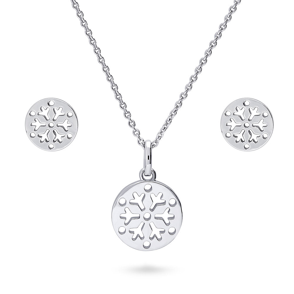 Snowflake Coin Necklace and Earrings in Sterling Silver, Rhodium Plated