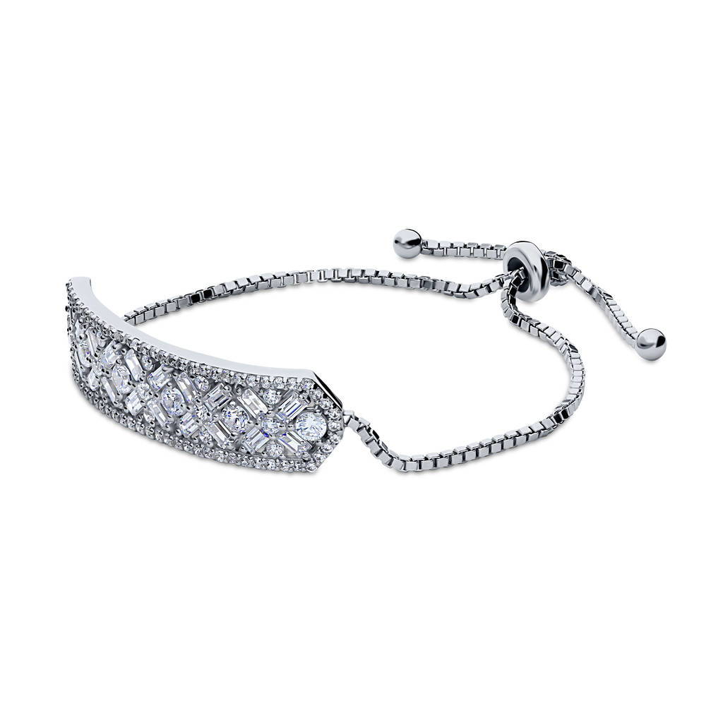 Front view of Bar Art Deco CZ Box Chain Bracelet in Sterling Silver, 3 of 4