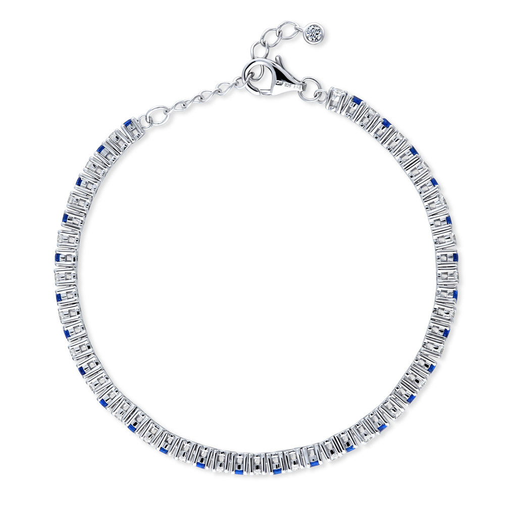 925 Sterling Silver hot Rhodium Plated Adjustable Lariat Bracelet with CZ, Blue Sapphire Center Stone Nickel Free Metal