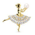 Dancing Ballerina Button Cultured Pearl Pin in Sterling Silver, Yellow Gold Flashed