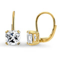 Solitaire 4ct Cushion CZ Leverback Earrings in Sterling Silver, Yellow Gold Flashed