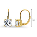 Front view of Solitaire 4ct Cushion CZ Leverback Earrings in Sterling Silver, Yellow Gold Flashed