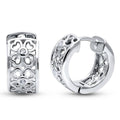 Clover CZ Small Huggie Earrings in Sterling Silver 0.55 inch, Rhodium Plated