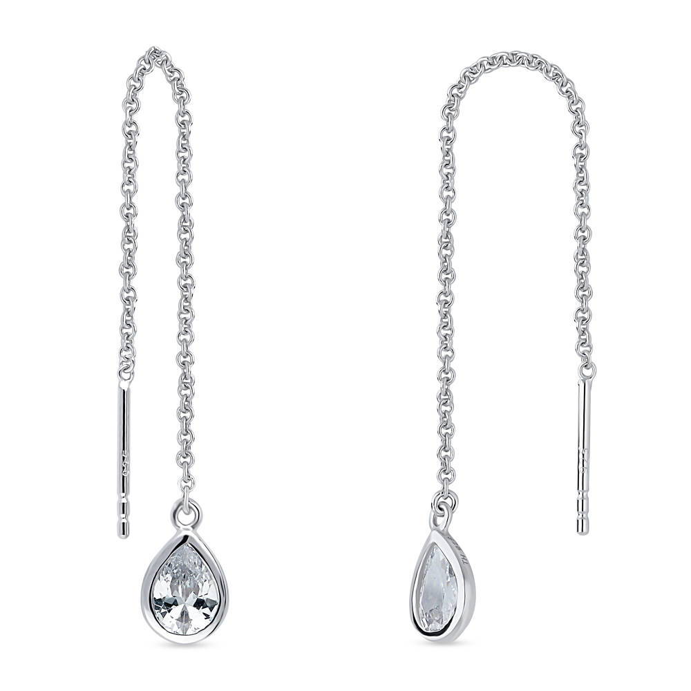 Solitaire Pear CZ Threader Earrings in Sterling Silver 1.6ct, 1 of 4