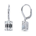 Solitaire Emerald Cut CZ Leverback Earrings in Sterling Silver, Rhodium Plated