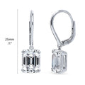 Front view of Solitaire Emerald Cut CZ Leverback Earrings in Sterling Silver, Rhodium Plated