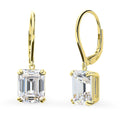 Solitaire Emerald Cut CZ Leverback Earrings in Sterling Silver, Yellow Gold Flashed