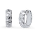 Checkerboard CZ Medium Hoop Earrings in Sterling Silver 0.6 inch, Rhodium Plated