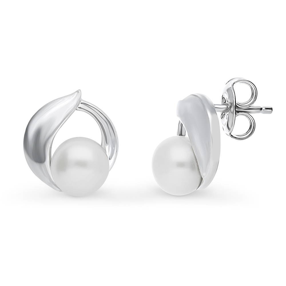 Solitaire Button Cultured Pearl Stud Earrings in Sterling Silver, 1 of 7