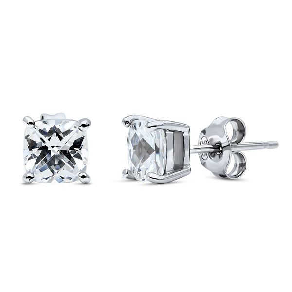 Sterling Silver Solitaire Checkerboard Cushion CZ Stud Earrings