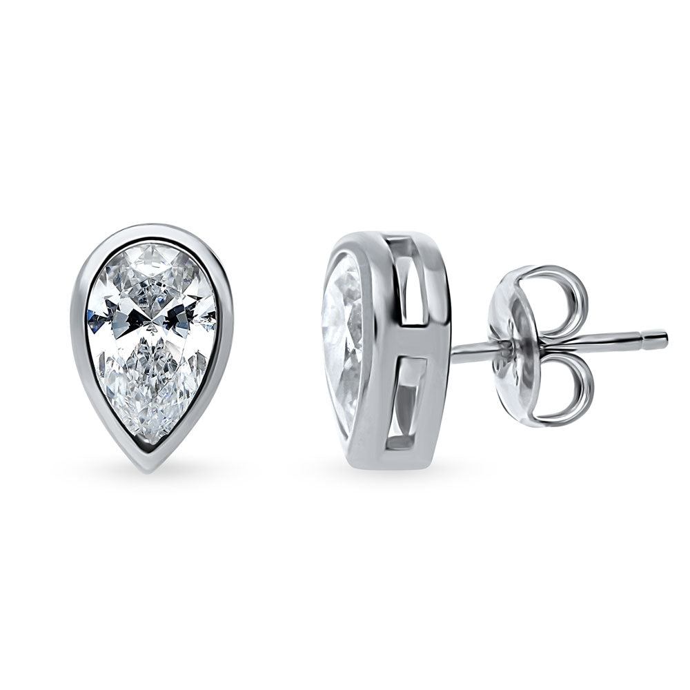 Solitaire Bezel Set Pear CZ Stud Earrings in Sterling Silver 1.6ct, 1 of 7