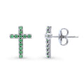 Cross CZ Stud Earrings in Sterling Silver, Green Color