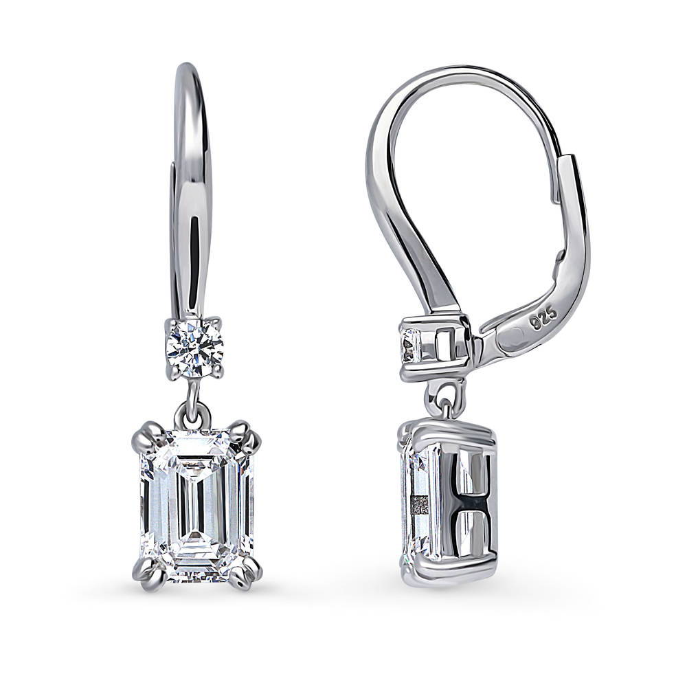 Sterling Silver Solitaire 3.4ct Emerald Cut CZ Leverback Earrings