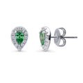 Halo Pear CZ Stud Earrings in Sterling Silver, Green Color