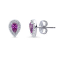 Halo Pear CZ Stud Earrings in Sterling Silver, Purple Color