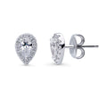 Halo Pear CZ Stud Earrings in Sterling Silver, Clear Color