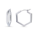 Hexagon Medium Hoop Earrings in Sterling Silver 0.79 inch, Rhodium Plated