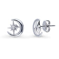 Moon North Star Stud Earrings in Sterling Silver, Rhodium Plated