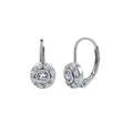 Halo CZ Leverback Earrings in Sterling Silver, Rhodium Plated