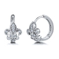 Fleur De Lis CZ Small Huggie Earrings in Sterling Silver 0.5 inch, Rhodium Plated