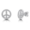 Peace Sign CZ Stud Earrings in Sterling Silver, Rhodium Plated