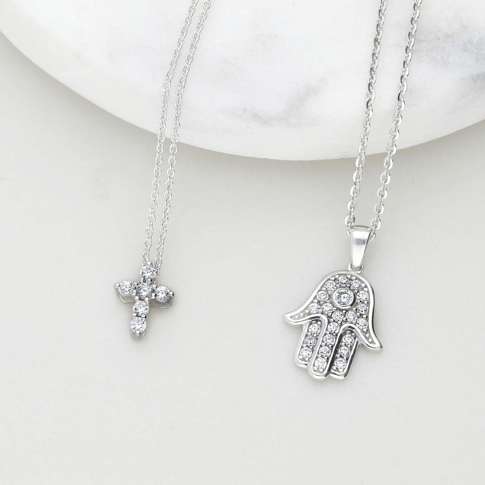 Dazzling Silver high quality CZ Hamsa Pendant Necklace