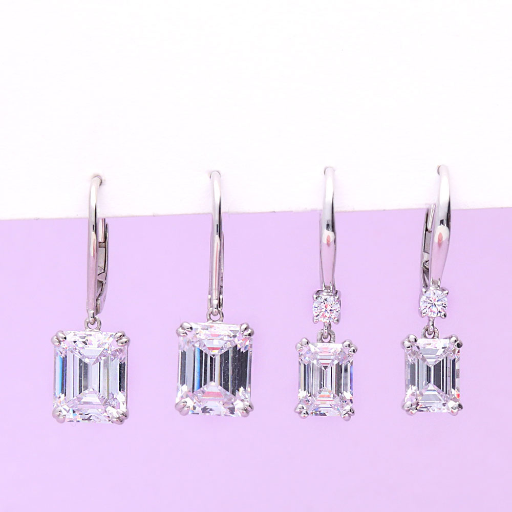 Sterling Silver Solitaire 6.8ct Emerald Cut CZ Dangle Earrings, 2