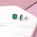 Flatlay view of Square CZ Necklace and Earrings in Sterling Silver, Green Color