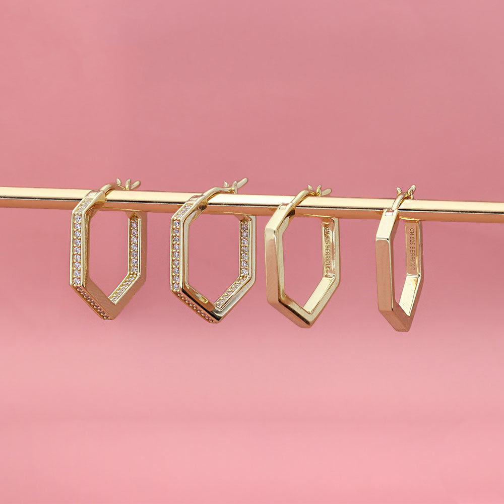 Flatlay view of Hexagon Medium Hoop Earrings in Sterling Silver 0.79 inch, Yellow Gold Flashed