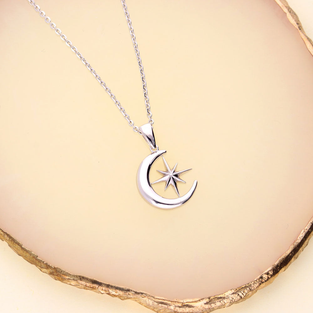 Custom Crystal Moon & Star Pendant Necklace, Crescent Moon Initial Moon Necklace Moon Necklace for Women
