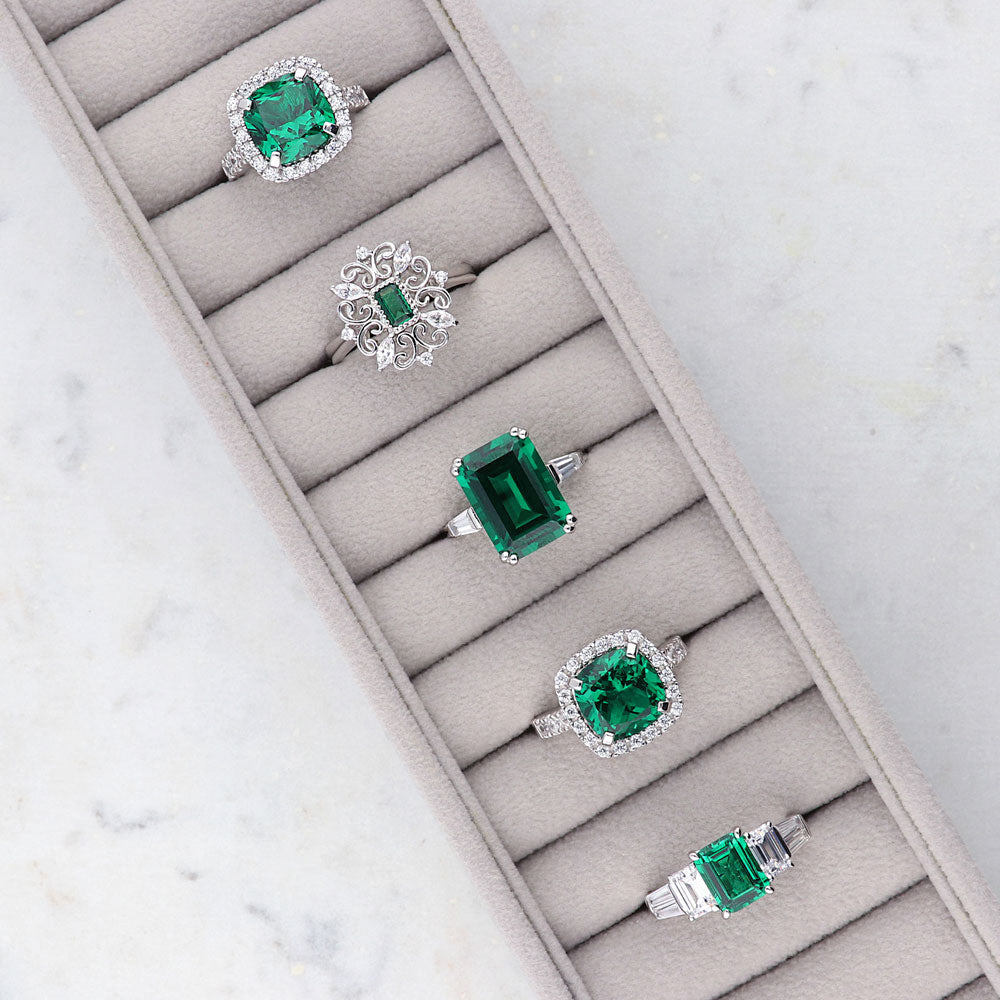 Sterling Silver 3-Stone Simulated Emerald CZ Cocktail Engagement