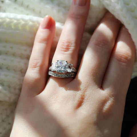 Image Contain: Model Wearing 3-Stone Ring, Curved Half Eternity Ring