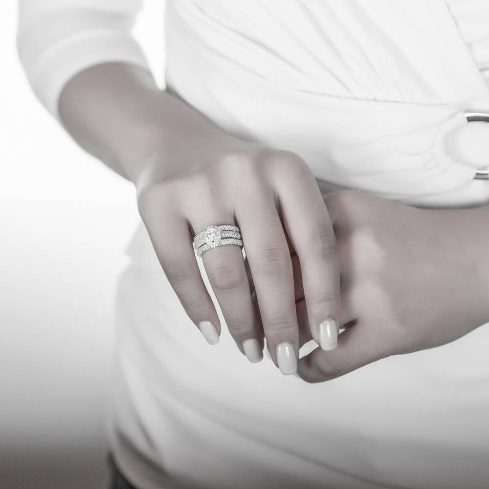 Model wearing Halo Pear CZ Statement Ring Set in Sterling Silver, 2 of 8