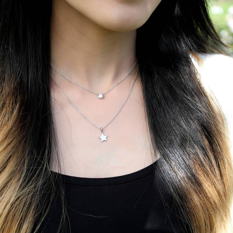 Model Wearing Solitaire Pendant Necklace, Star Pendant Necklace
