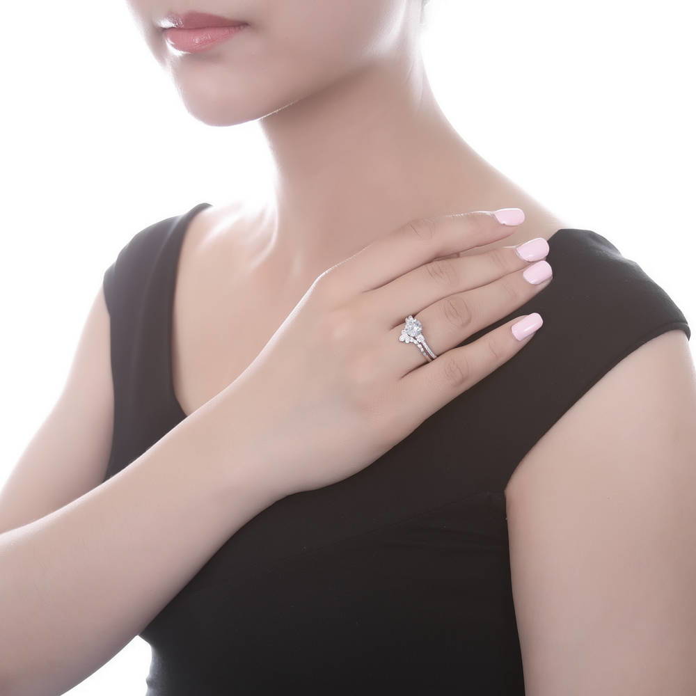Model wearing 3-Stone Crown Round CZ Ring Set in Sterling Silver, 2 of 13