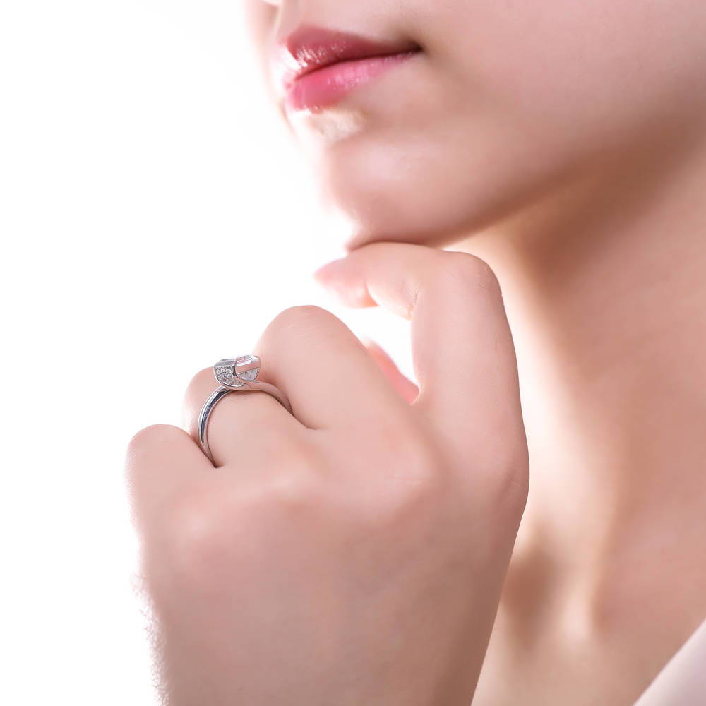 Model wearing Solitaire Bypass 1.7ct Emerald Cut CZ Ring in Sterling Silver, 3 of 7