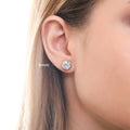 Model wearing Solitaire Bezel CZ Stud Earrings in Sterling Silver, 8mm