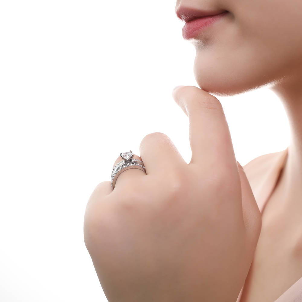 Model wearing Solitaire 1.2ct Princess CZ Ring Set in Sterling Silver, 6 of 12