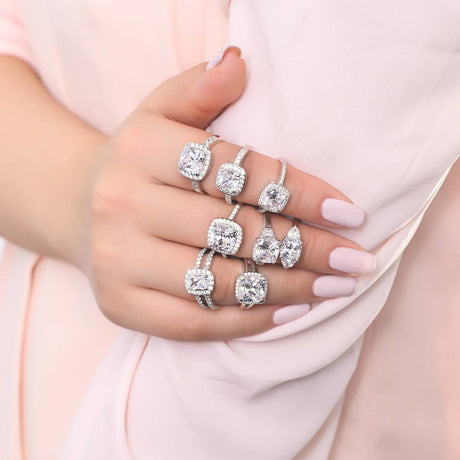 Model Wearing 3-Stone Ring, Halo Ring, Halo Split Shank Ring