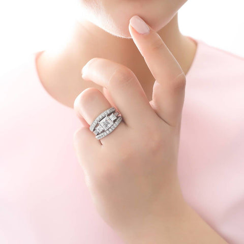 Image Contain: Model Wearing 3-Stone Ring, Curved Half Eternity Ring