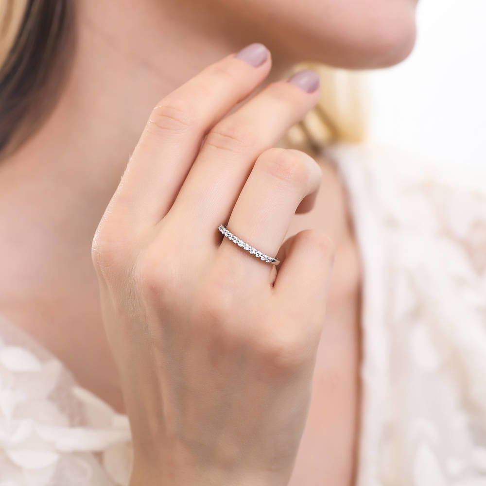 Model wearing Solitaire 1ct Round CZ Ring Set in Sterling Silver, 12 of 13