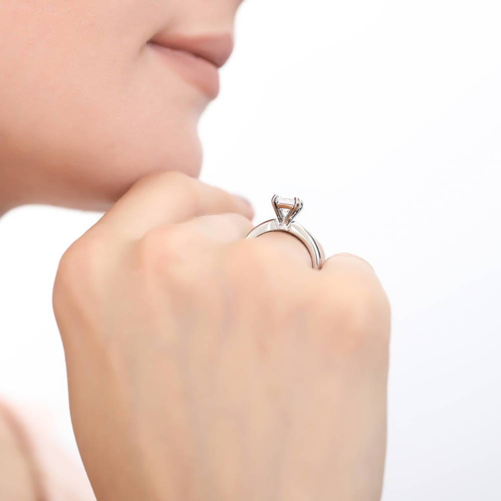 Model wearing Solitaire 1.2ct Princess CZ Ring Set in Sterling Silver, 7 of 11
